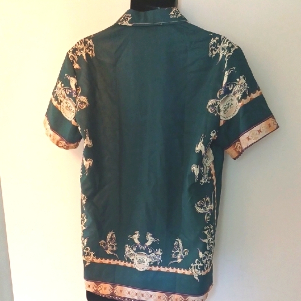 MANFINITY Dark Green and Cream Ornate Patterned Shirt, M - Picture 6 of 6